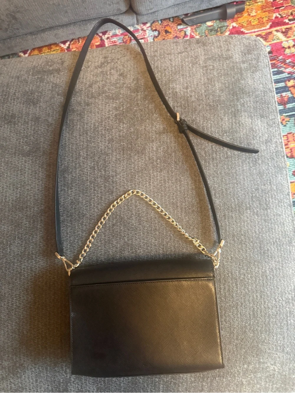 kate spade black Saffiano leather crossbody with silver chain